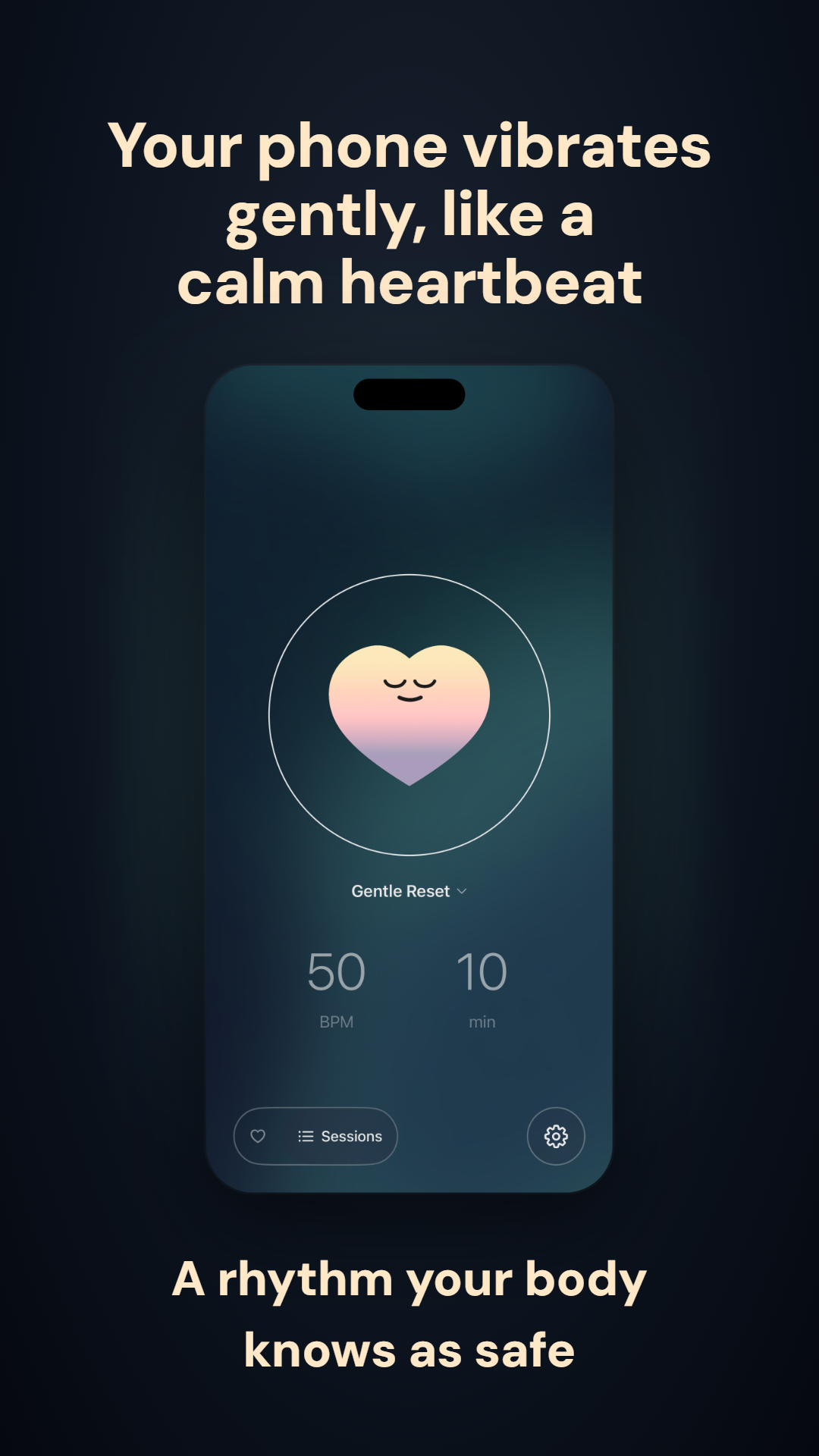 VagusCalm App Store screenshot: 'Your phone vibrates gently, like a calm heartbeat — a rhythm your body knows as safe.'