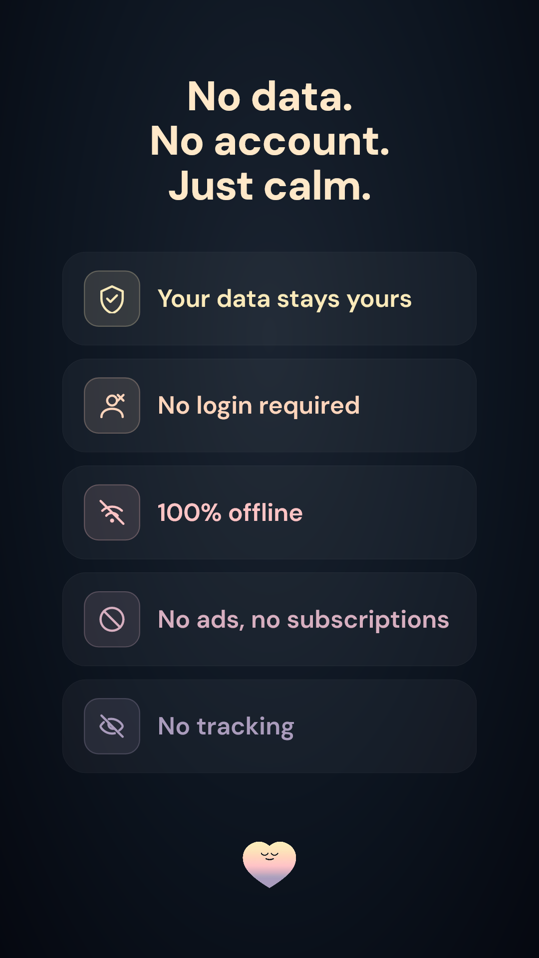 VagusCalm App Store screenshot: 'No data. No account. Just calm.' — 100% offline, no login, no ads, no tracking